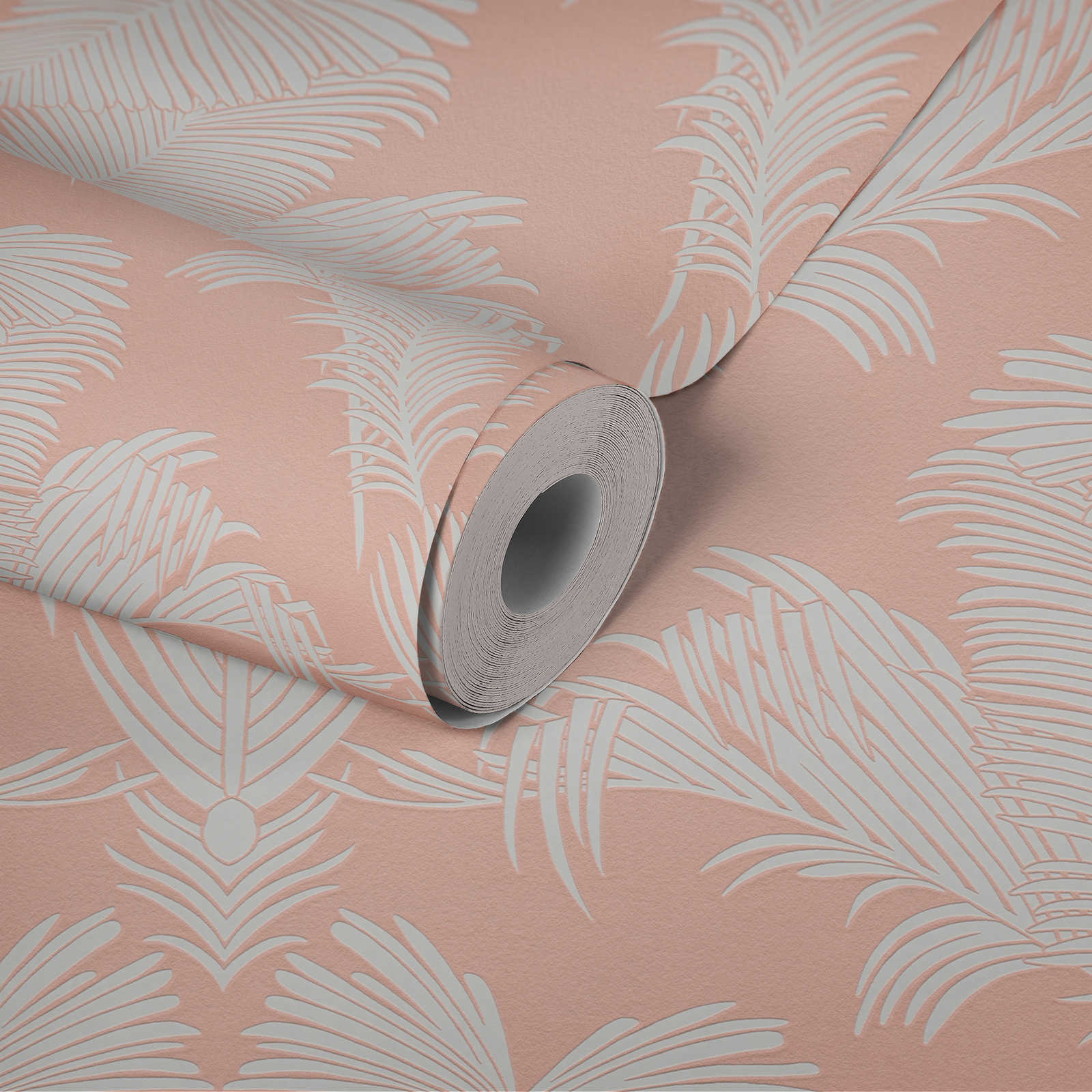             Papel pintado rosa con estampado de hojas de palmera y estructura en relieve - rosa, blanco
        