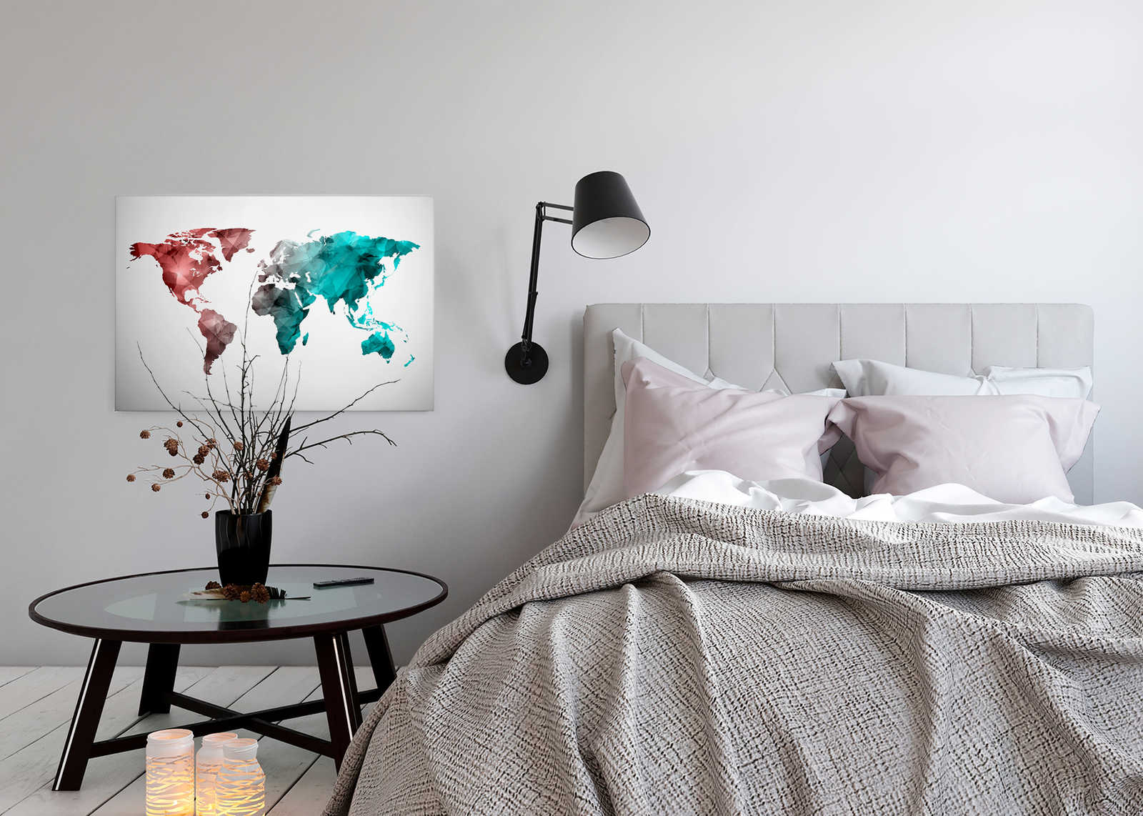             Canvas met wereldkaart gemaakt van grafische elementen | WorldGrafic 2 - 0,90 m x 0,60 m
        