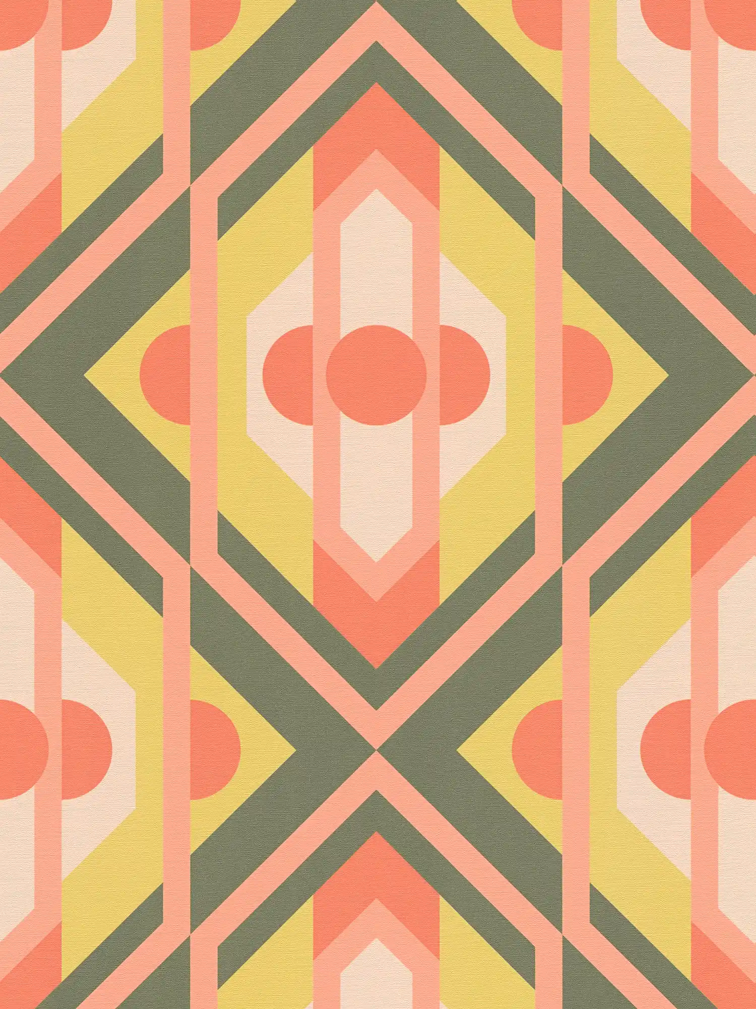 Lightly textured retro wallpaper with geometric ornaments - green, orange, red
