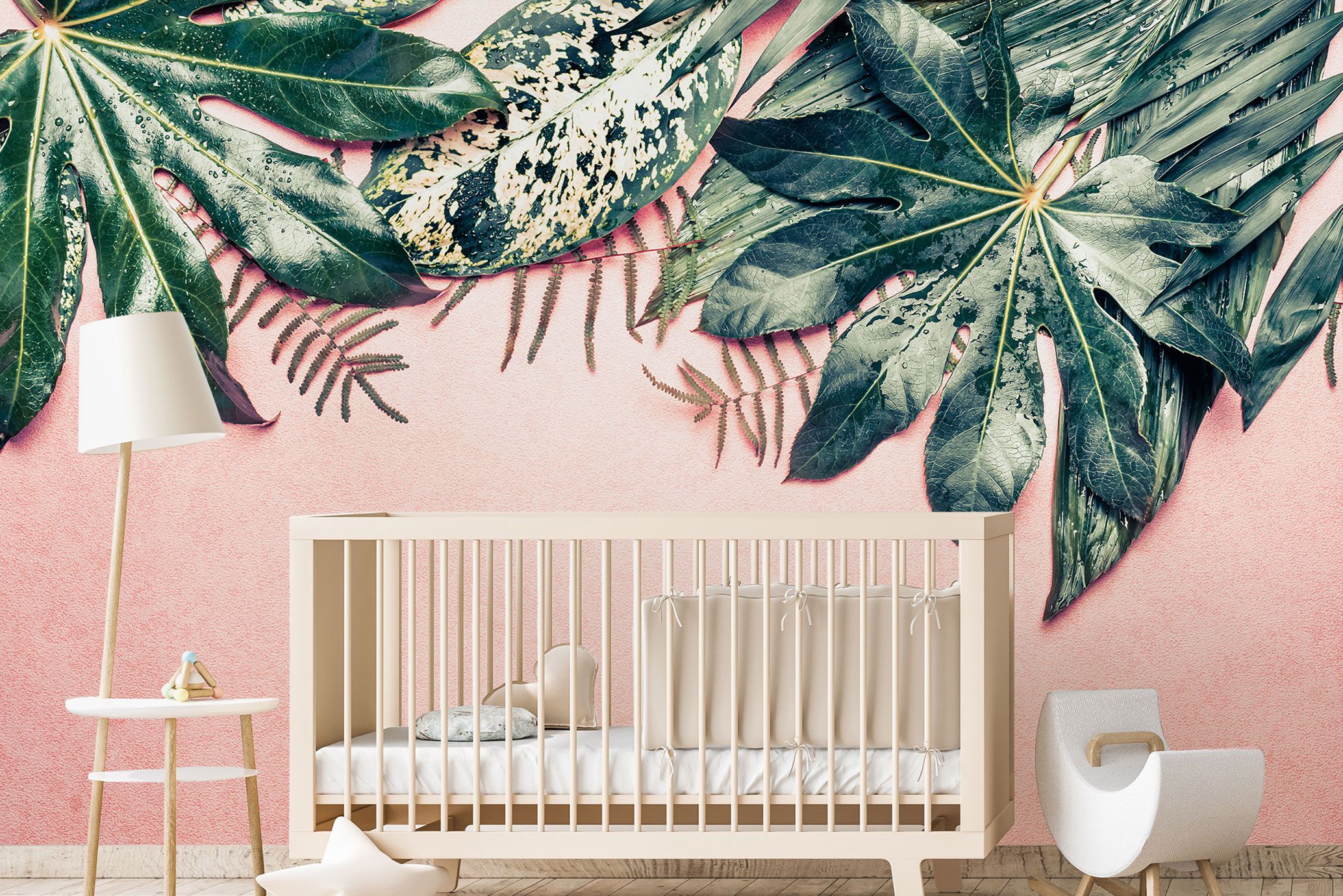 Pink and green, jungle wallpaper nursery