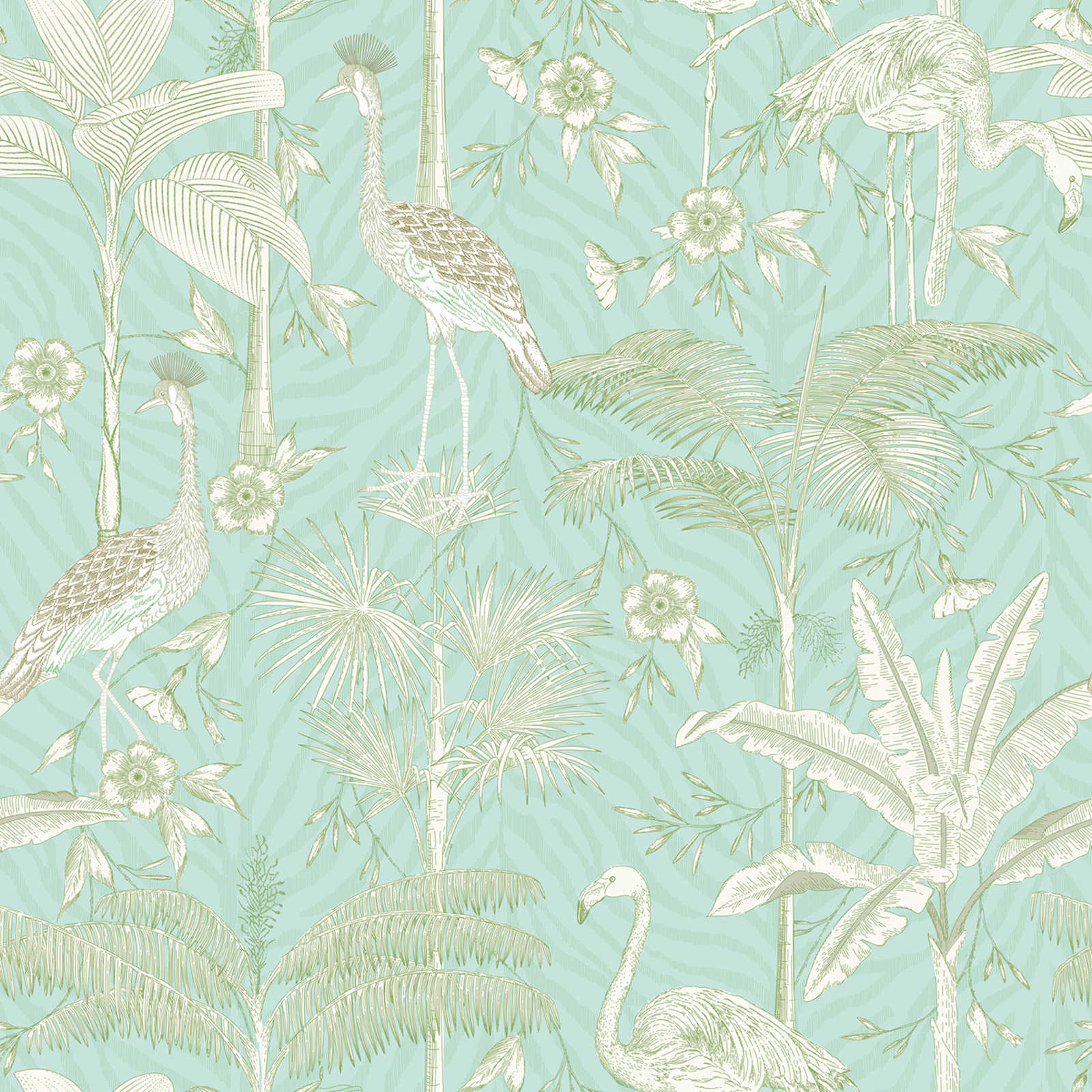 Non-woven wallpaper with flamingos and plants in pale colours - turquoise, white, green
