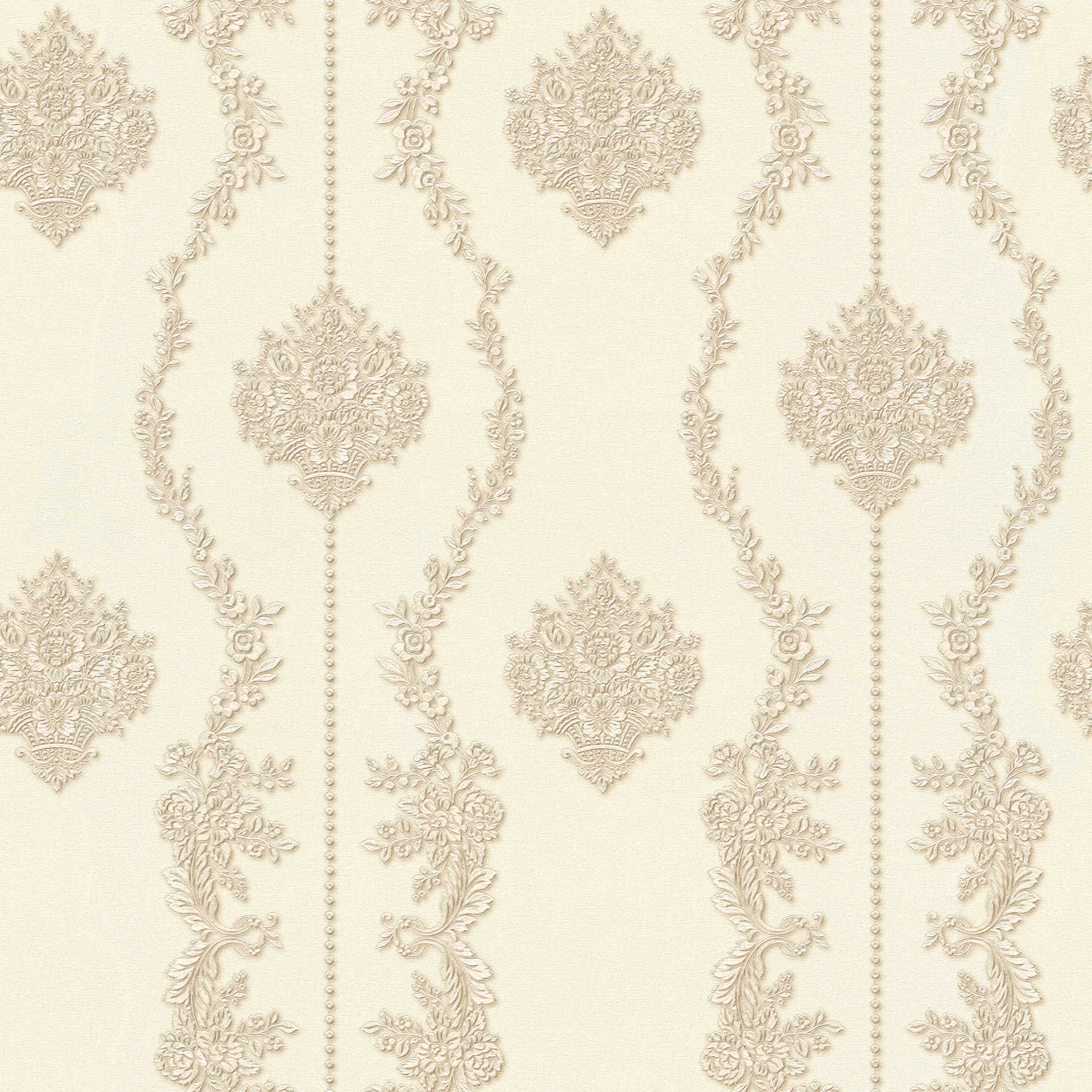 Opulent wallpaper with metallic decor & floral ornaments - beige
