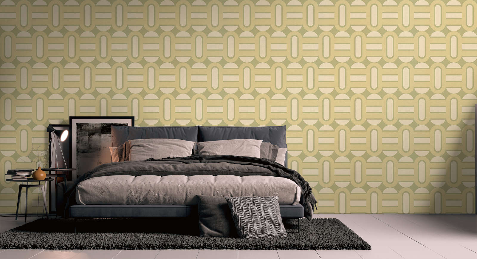             Non-woven wallpaper in retro style patterned with ovals and bars - green, cream
        