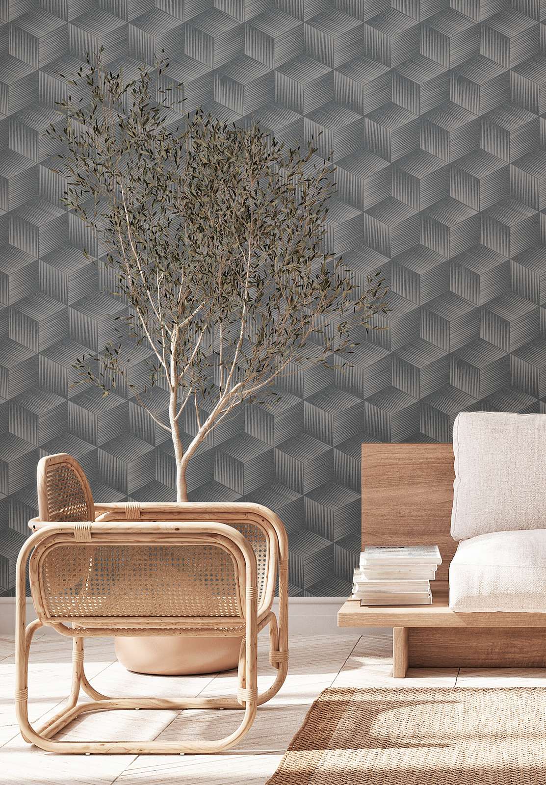             3D wallpaper with glitter effect and square pattern PVC-free - Black, Grey
        