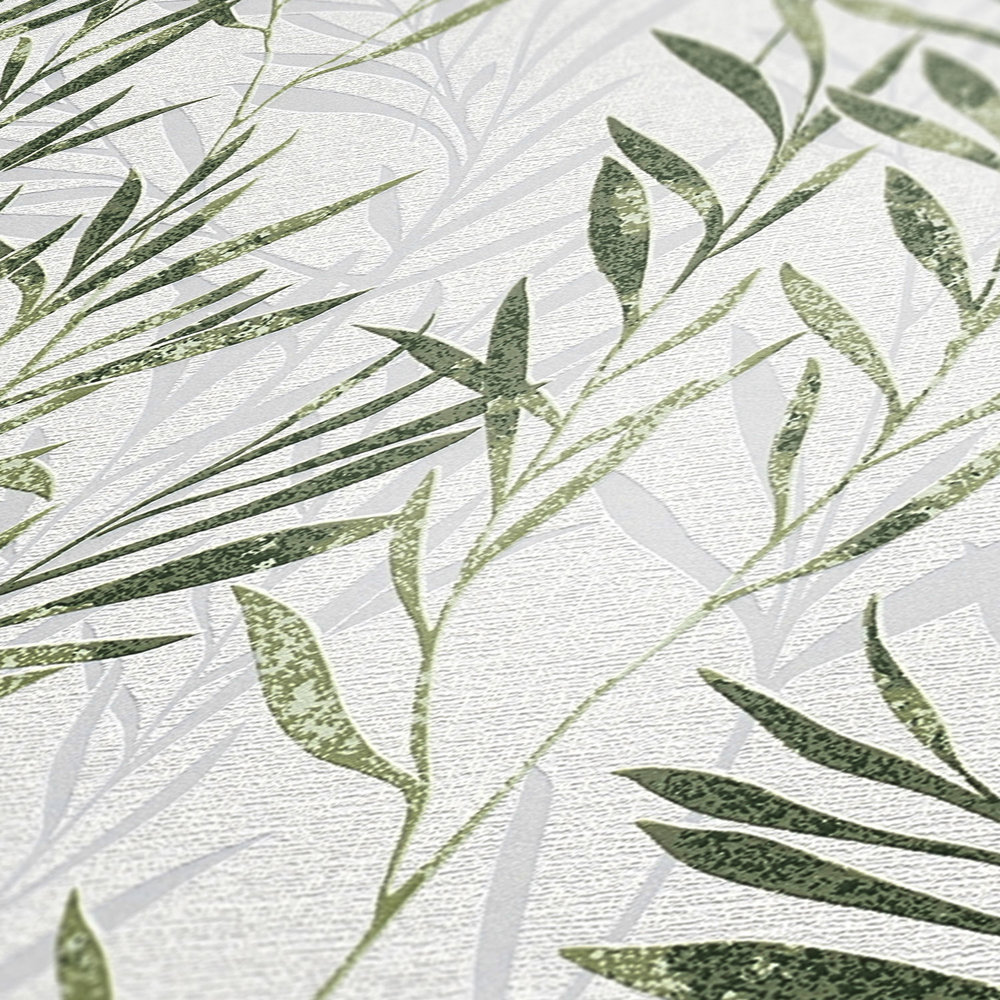             Non-woven wallpaper leaves design & tendril pattern - green, white
        