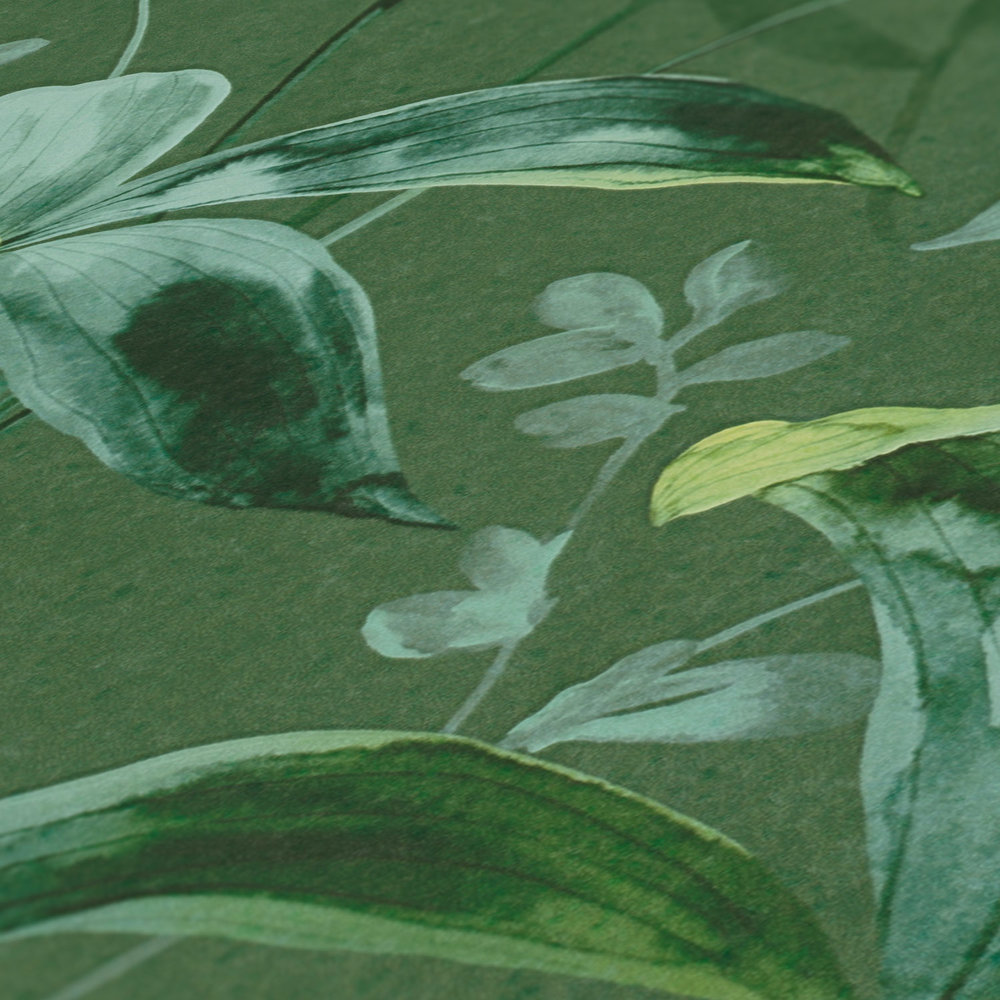             Papier peint intissé Vert Motifs de feuilles dans le style aquarelle - Vert
        