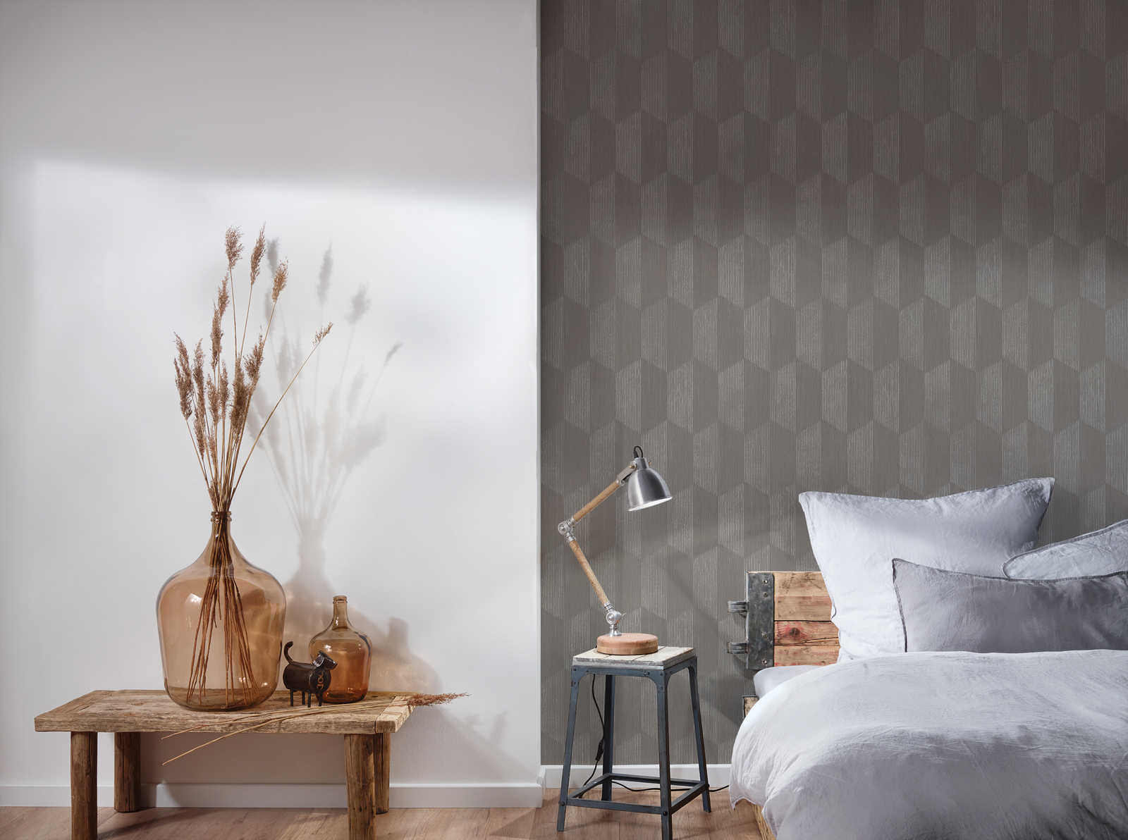             Textured wallpaper with 3D graphic pattern - grey, beige
        