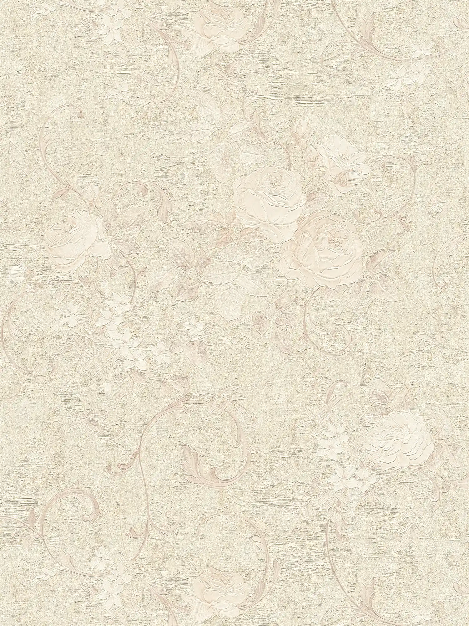 Wallpaper rose pattern & leaf tendrils - beige, cream, grey
