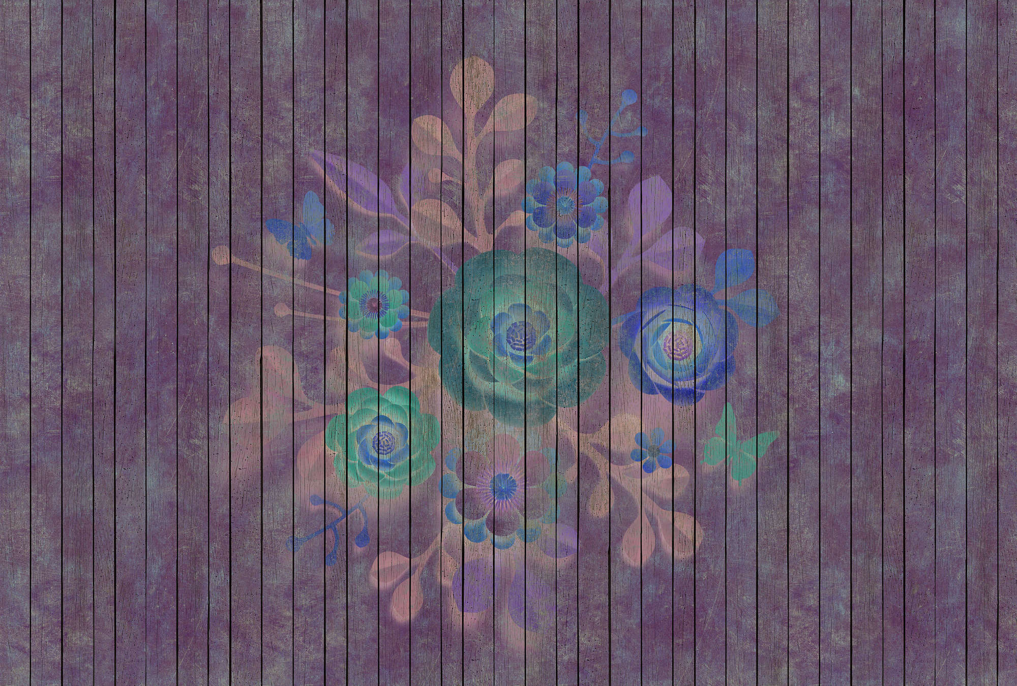             Sproeiboeket 1 - Digital behang met bloemen op bordwand - Houten panelen breed - Blauw, Groen | Parelmoervlies
        