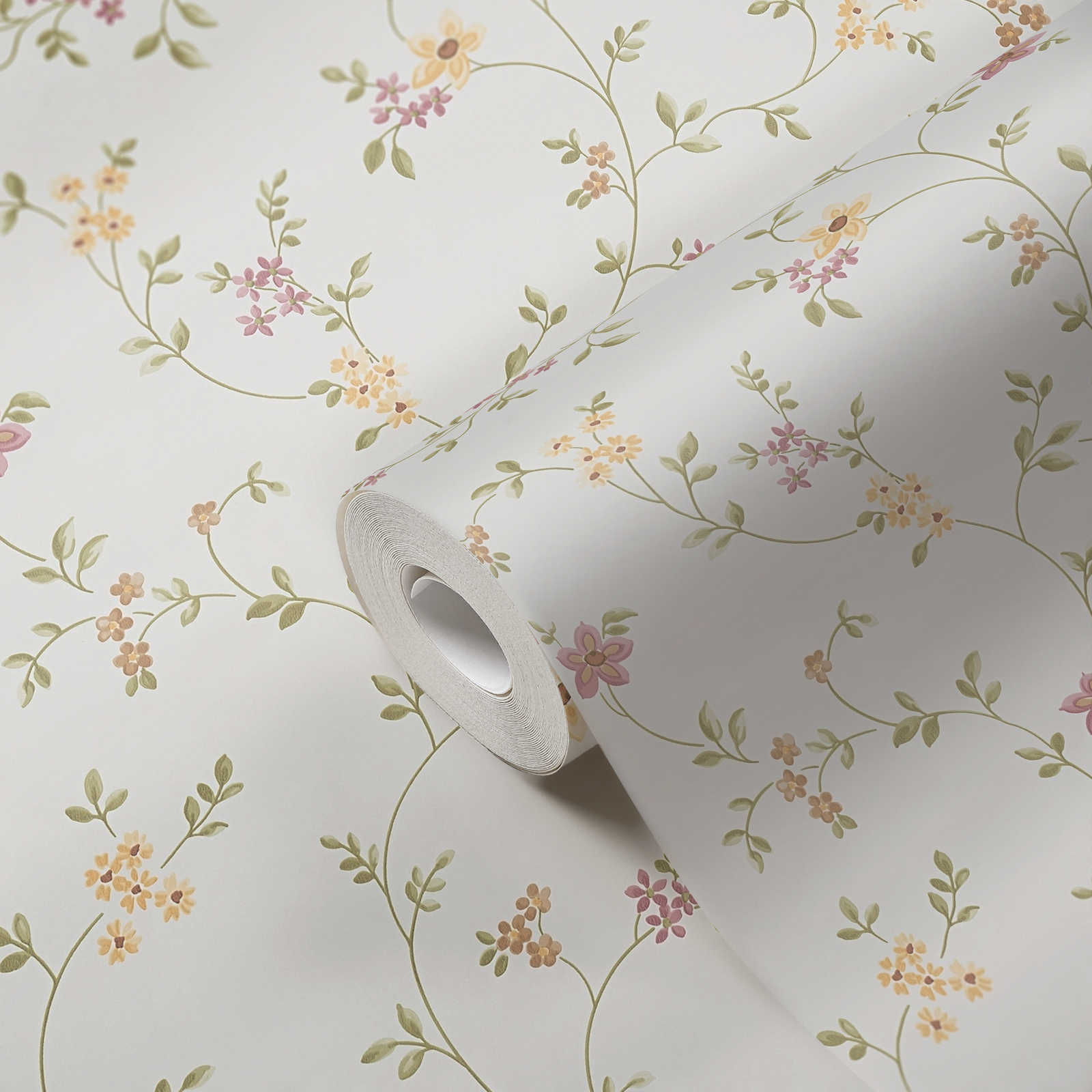             Papier peint adhésif | motif floral avec rinceaux discrets - crème, vert, beige
        