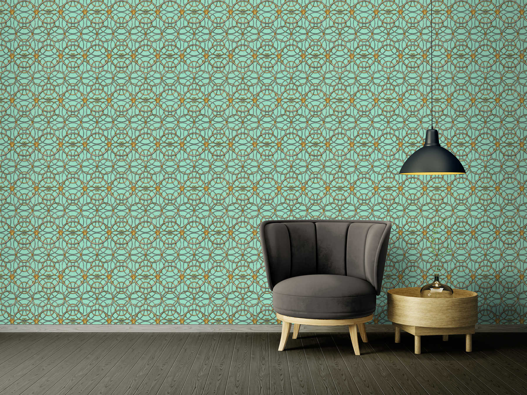             VERSACE Home wallpaper circle pattern and Medusa - green, gold, silver
        
