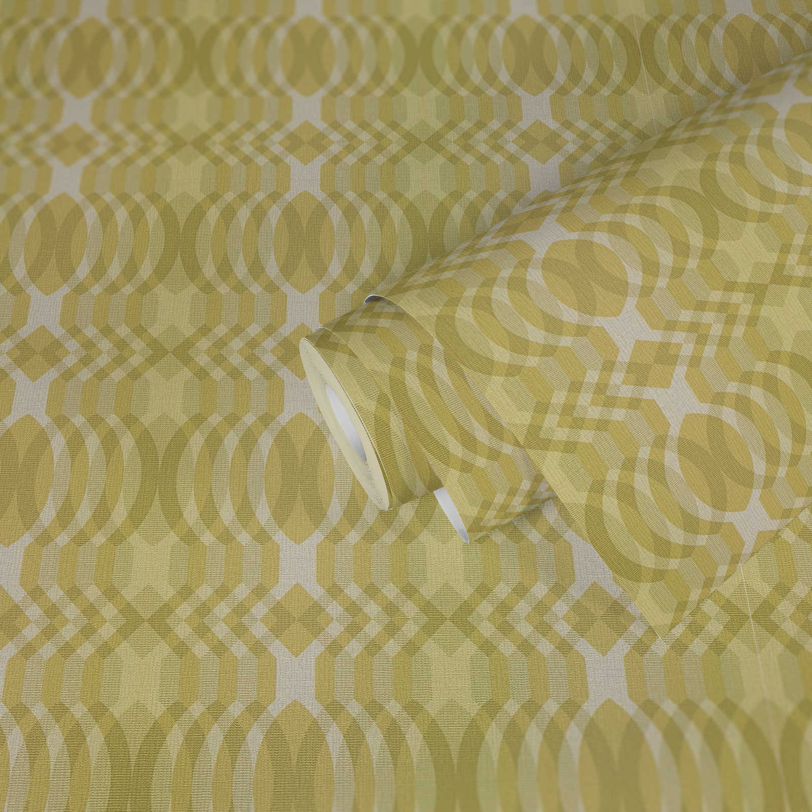             Vliesbehang in retrostijl met geometrisch patroon - groen, crème, wit
        