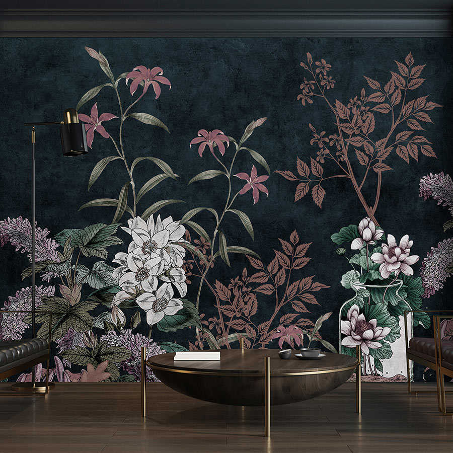         Dark Room 2 - Black Wallpaper Botanical Pattern Pink
    