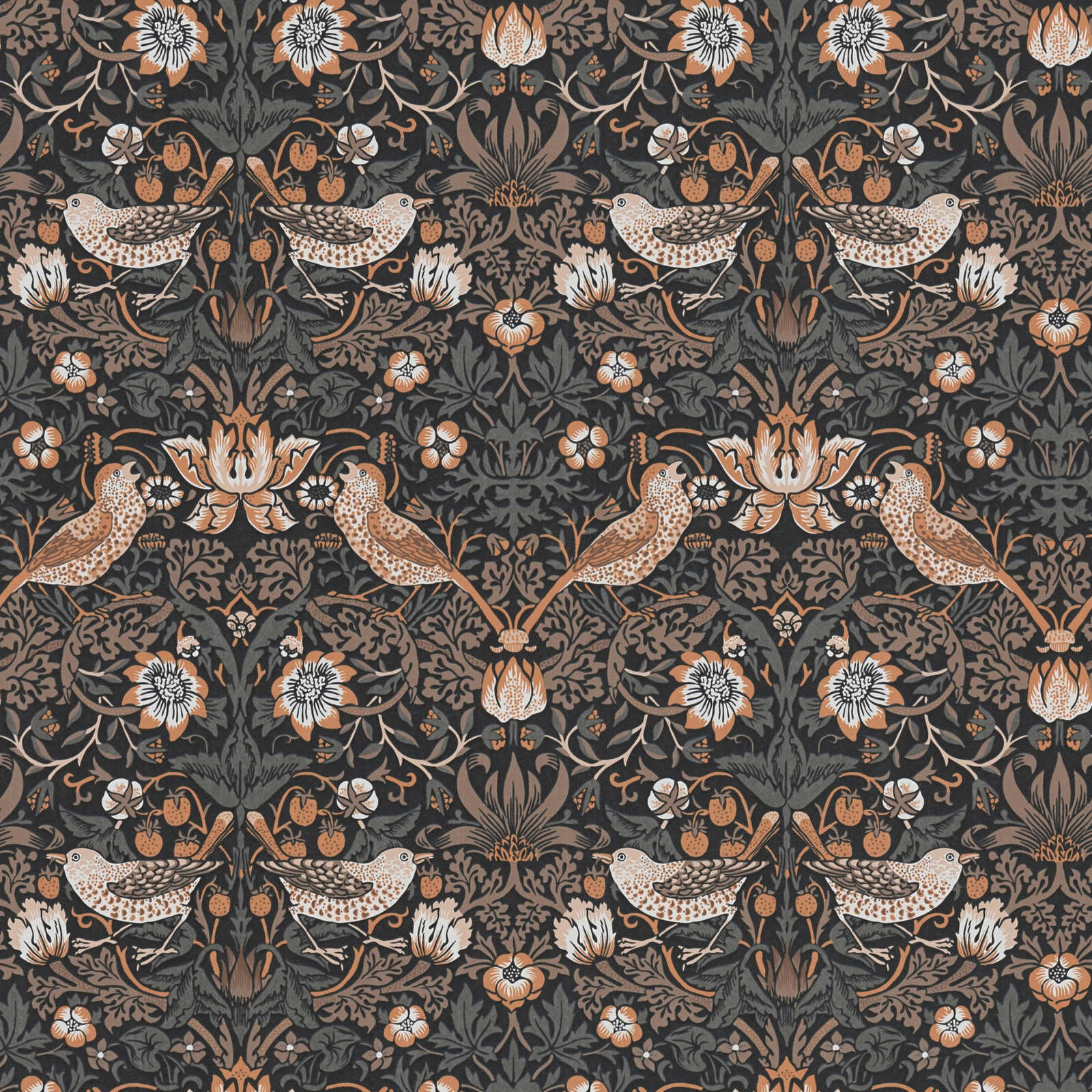 Floral wallpaper with birds in bright colours - orange, black, white
