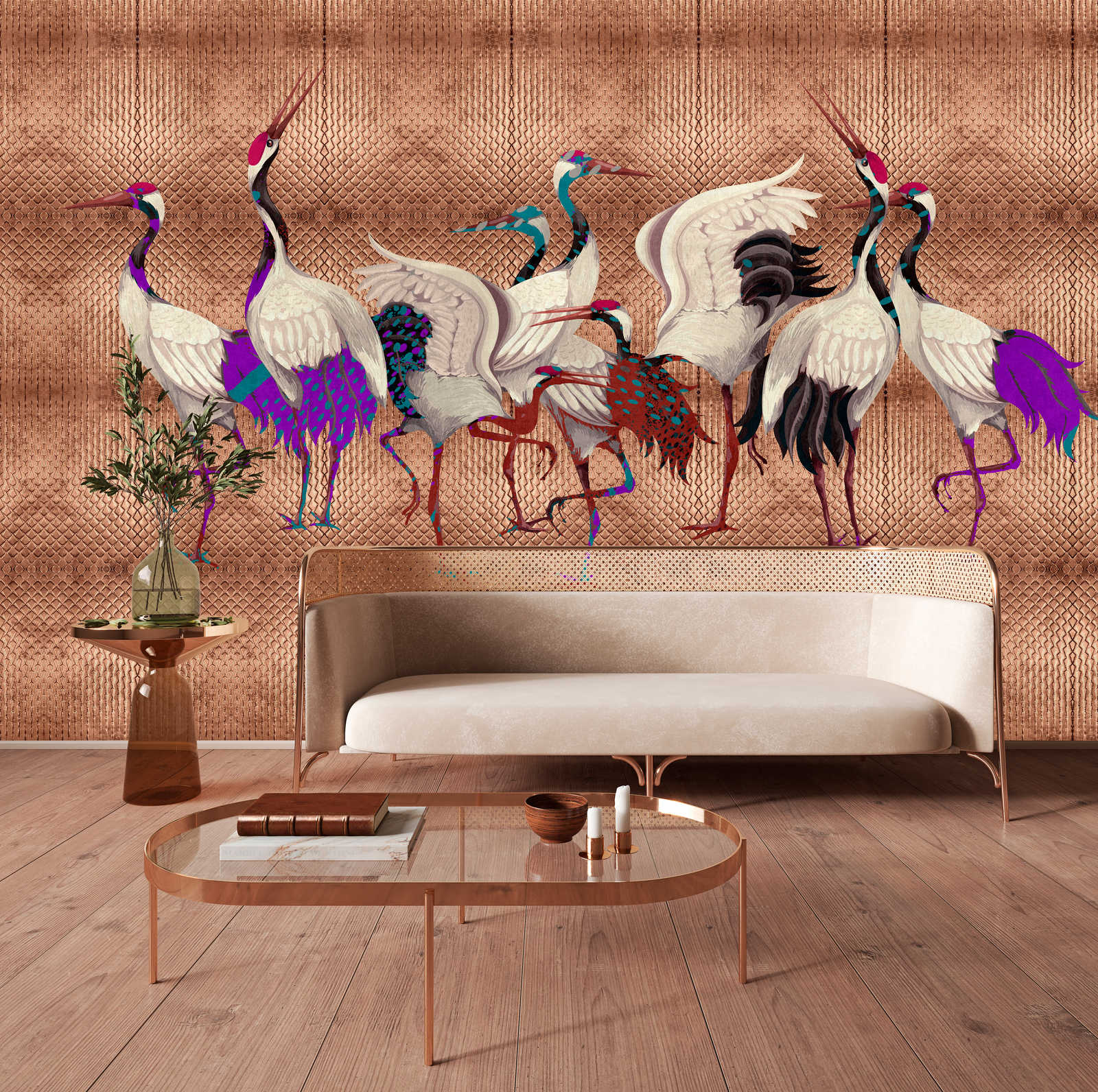             Land of Happiness 2 - Metallic copper wall mural with colourful crane motif
        