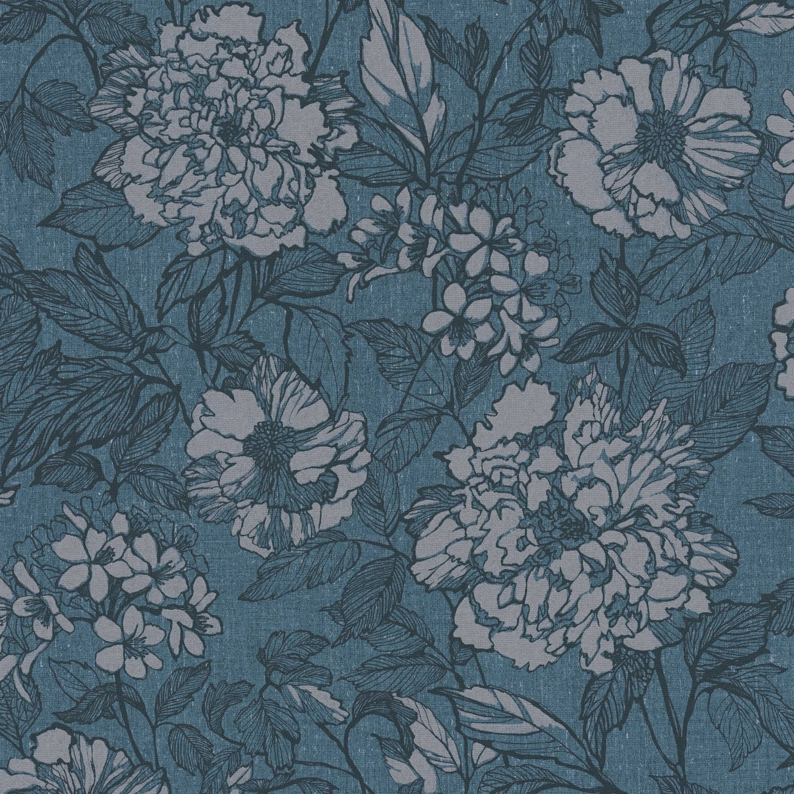 Textiel-look behangpapier petrol met bloemmotief - blauw, grijs
