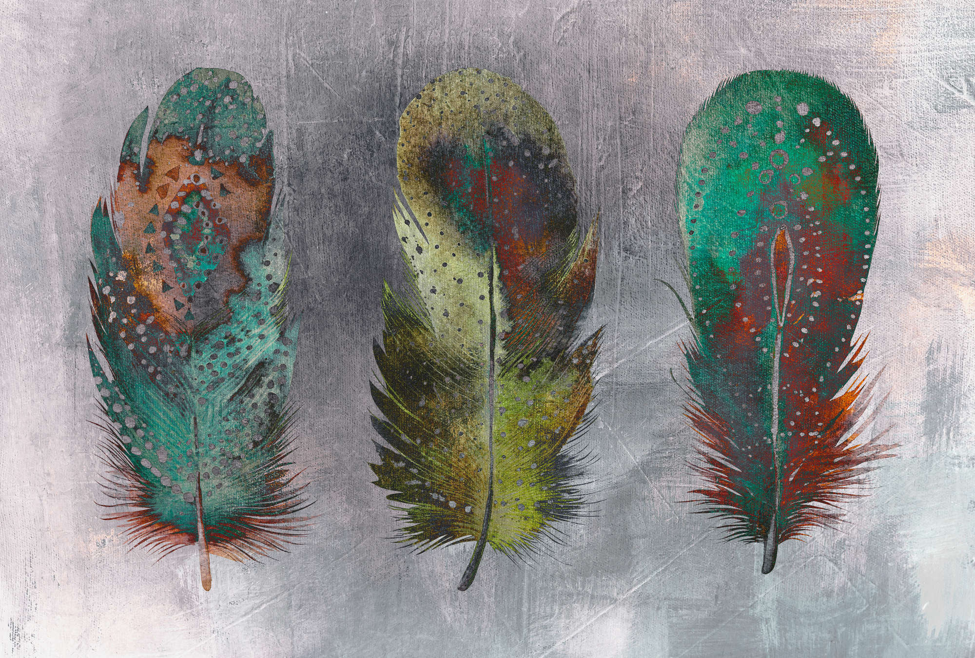             Photo wallpaper with feathers, boho & watercolour style - colourful, grey, green
        