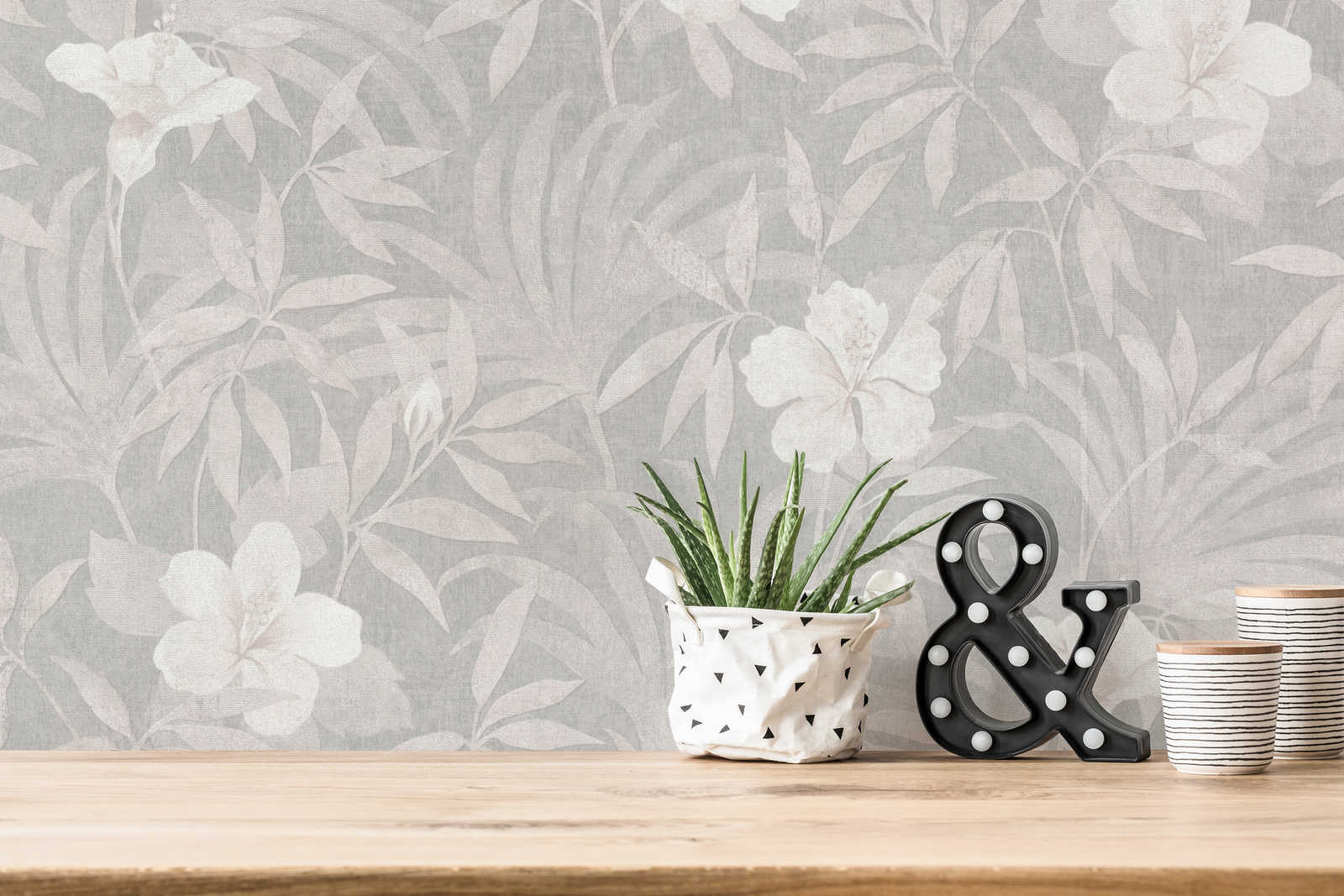             Linen optics wallpaper jungle leaves & flowers - beige, grey
        