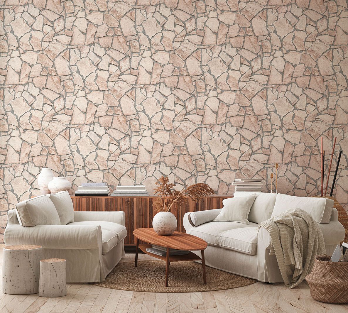 Stone-effect-wallpaper-living-room-beige