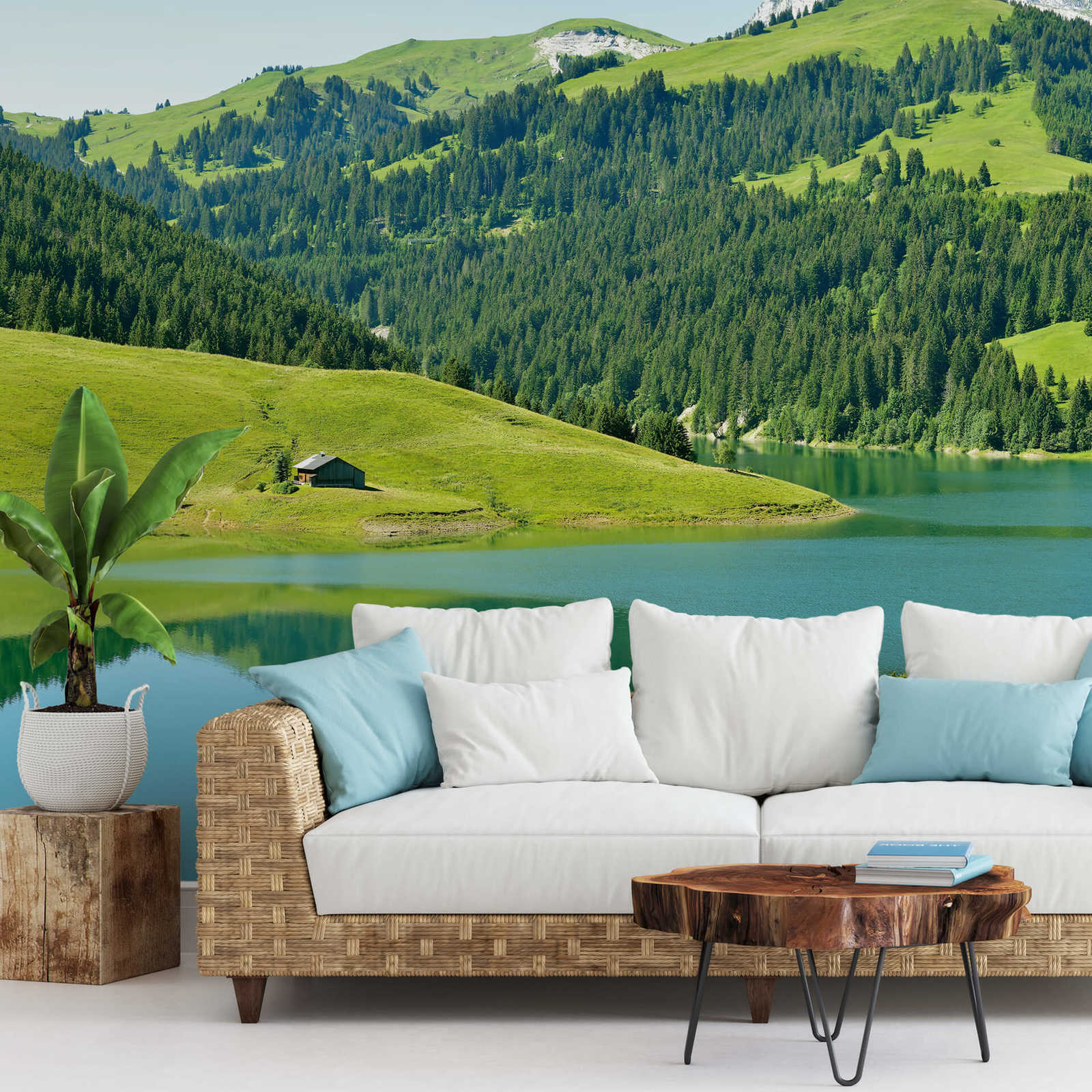            Papier peint panoramique Montagne avec lac en Suisse - vert, bleu, gris
        