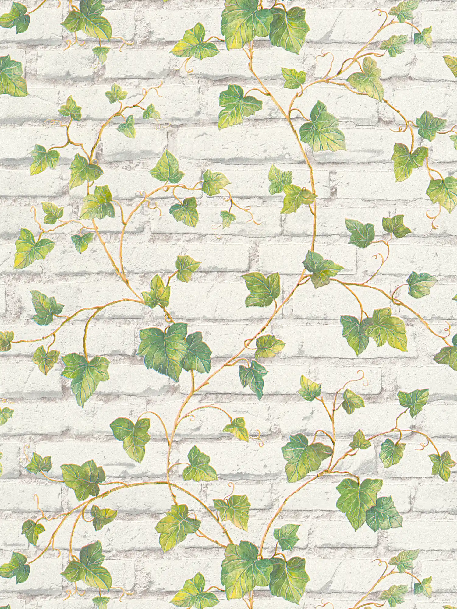 Motiefbehang met witte bakstenen muur en klimopranken - groen, wit, bruin
