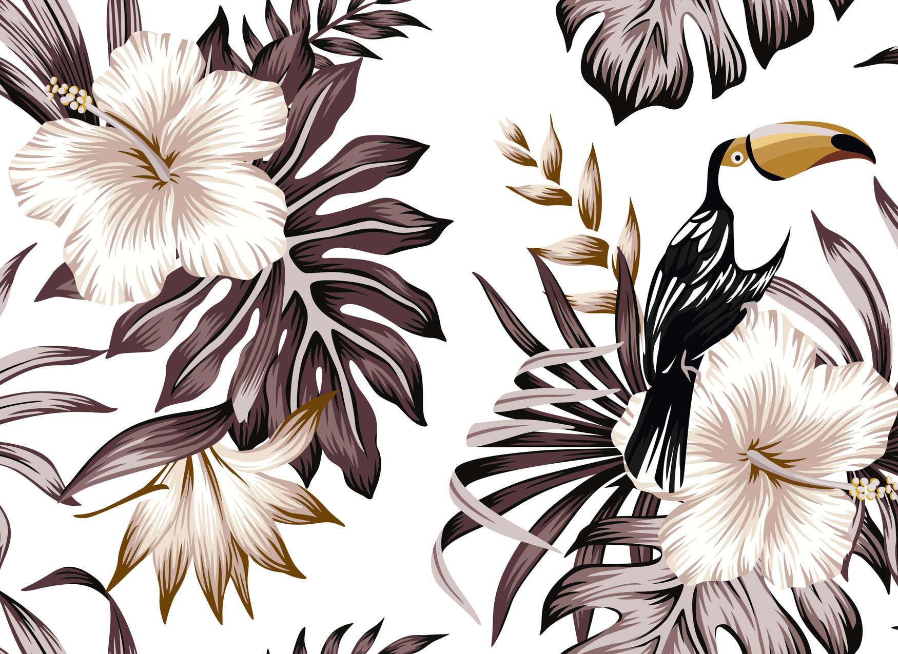             Jungle Plants and Pelican - Grey, White, Black
        