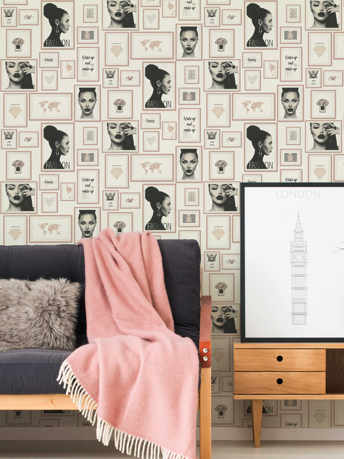             Wallpaper Fashion Design with wall decor - pink, black, white
        