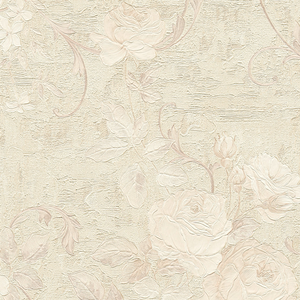             Wallpaper rose pattern & leaf tendrils - beige, cream, grey
        