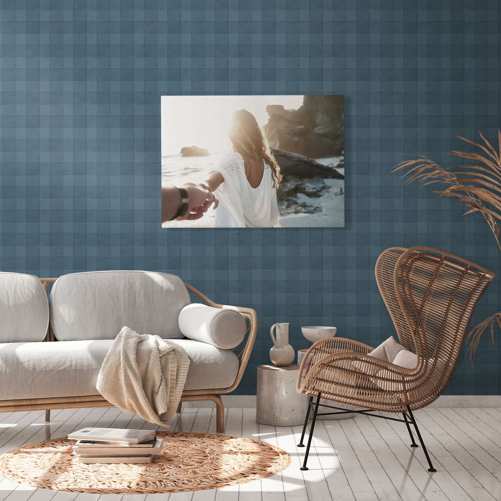             PVC-free wallpaper with graphic check pattern - blue
        