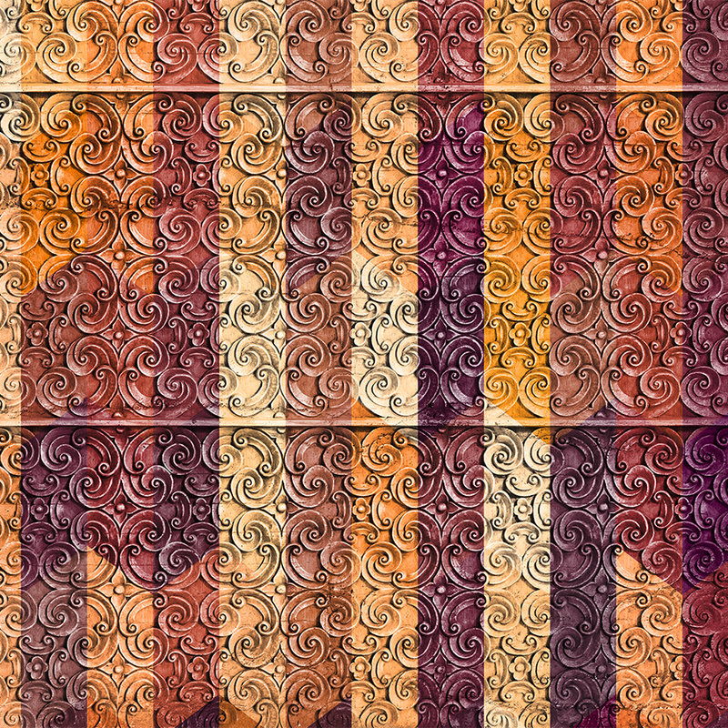 Houten Panelen & Ornament Ontwerp Behang - Bruin, Paars, Geel
