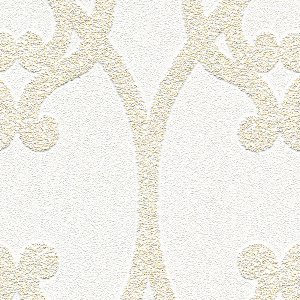             Ornament wallpaper with baroque pattern paintable - white
        