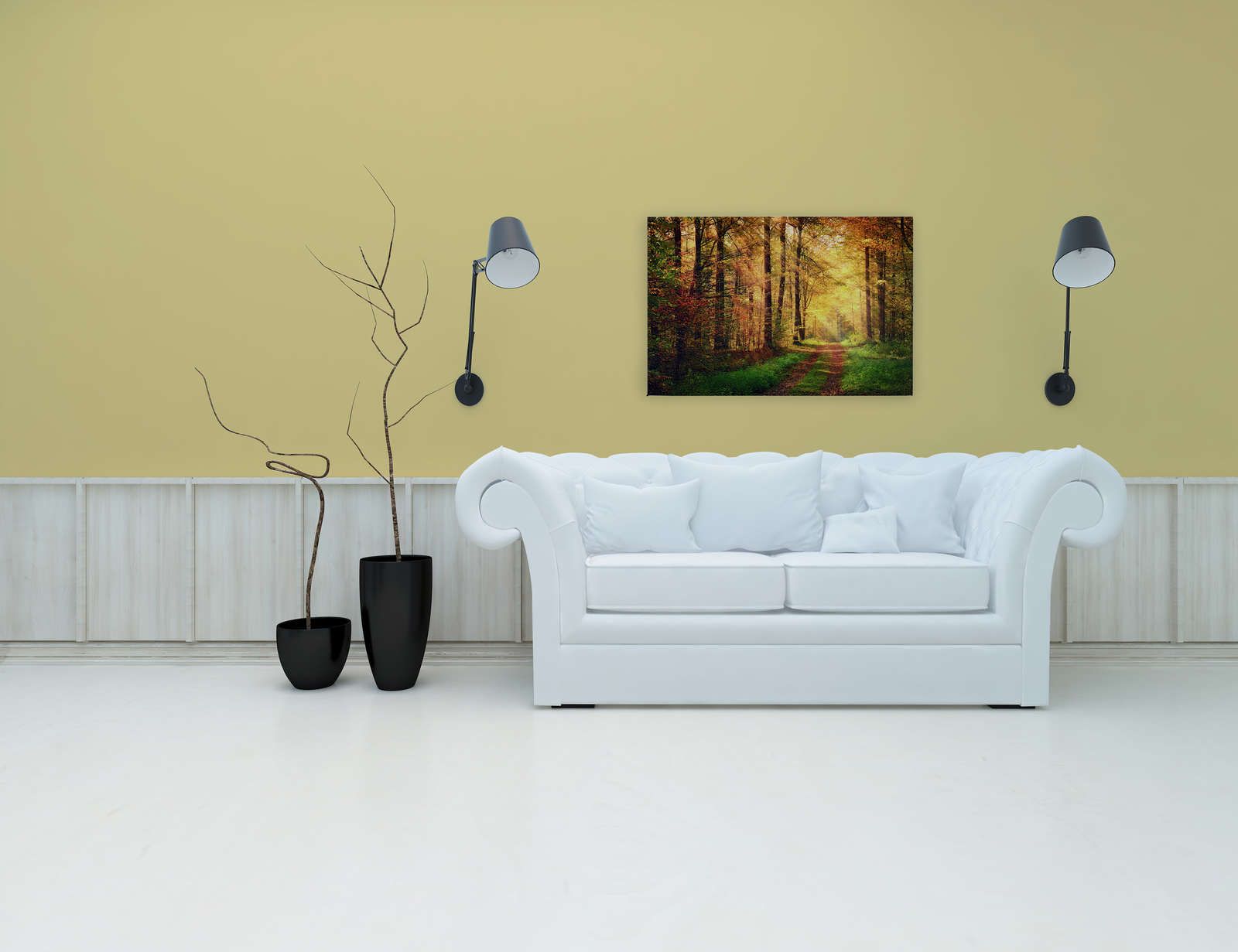             Canvas schilderij Bospad op herfstdag met zon - 0,90 m x 0,60 m
        