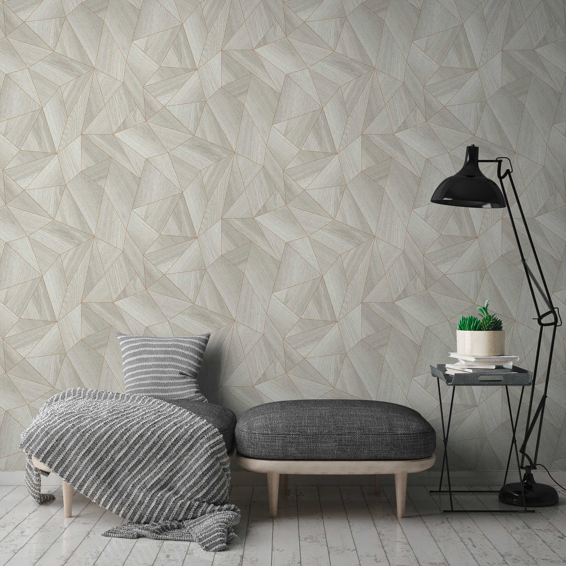             Wood look wallpaper modern design & metallic effect - grey, gold
        