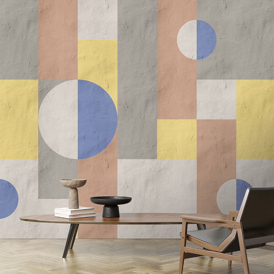 Photo wallpaper »estrella 1« - Graphic pattern in clay plaster look - Blue, yellow, orange | Smooth, slightly pearly shimmering non-woven fabric
