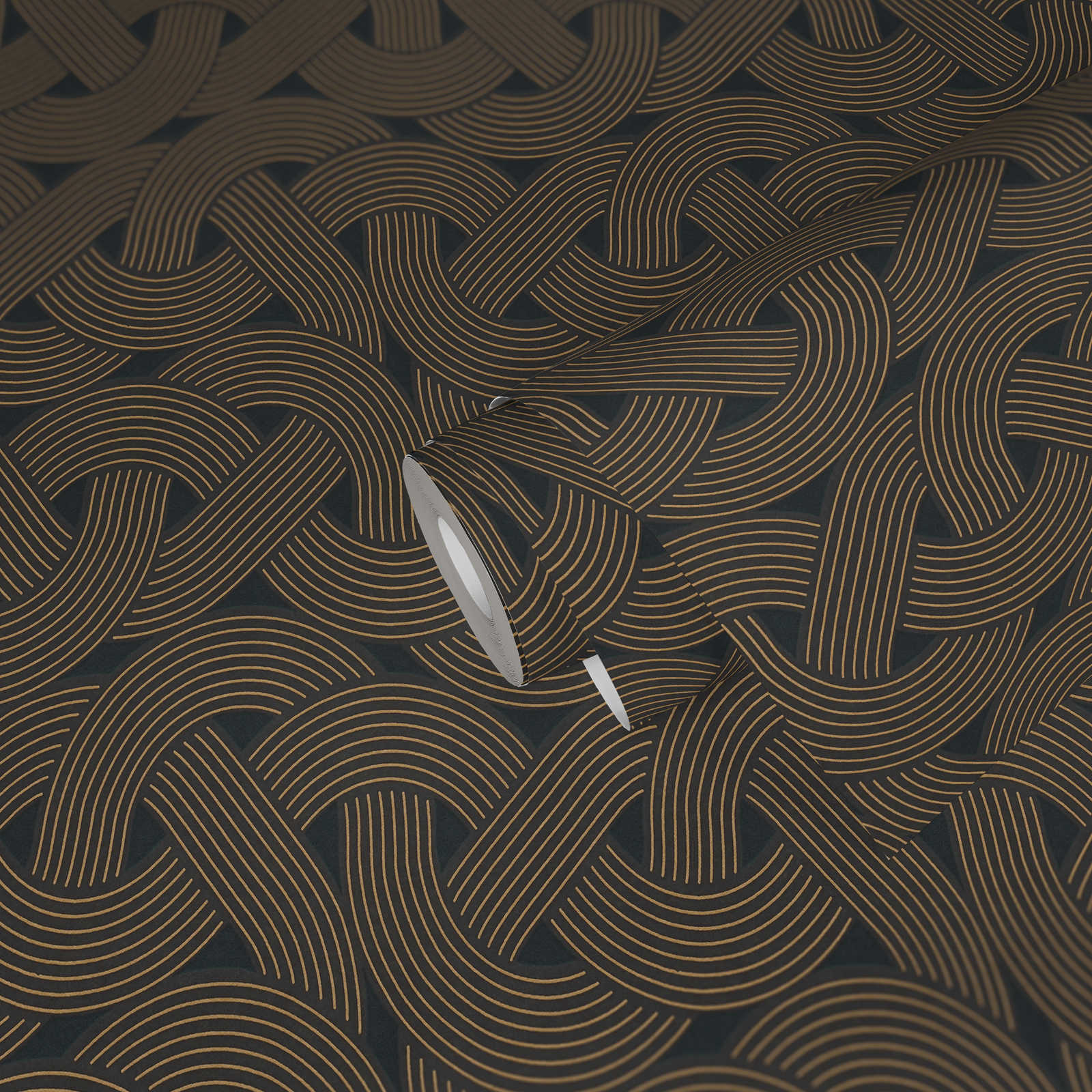             Non-woven wallpaper with line pattern in art deco style - black, gold
        