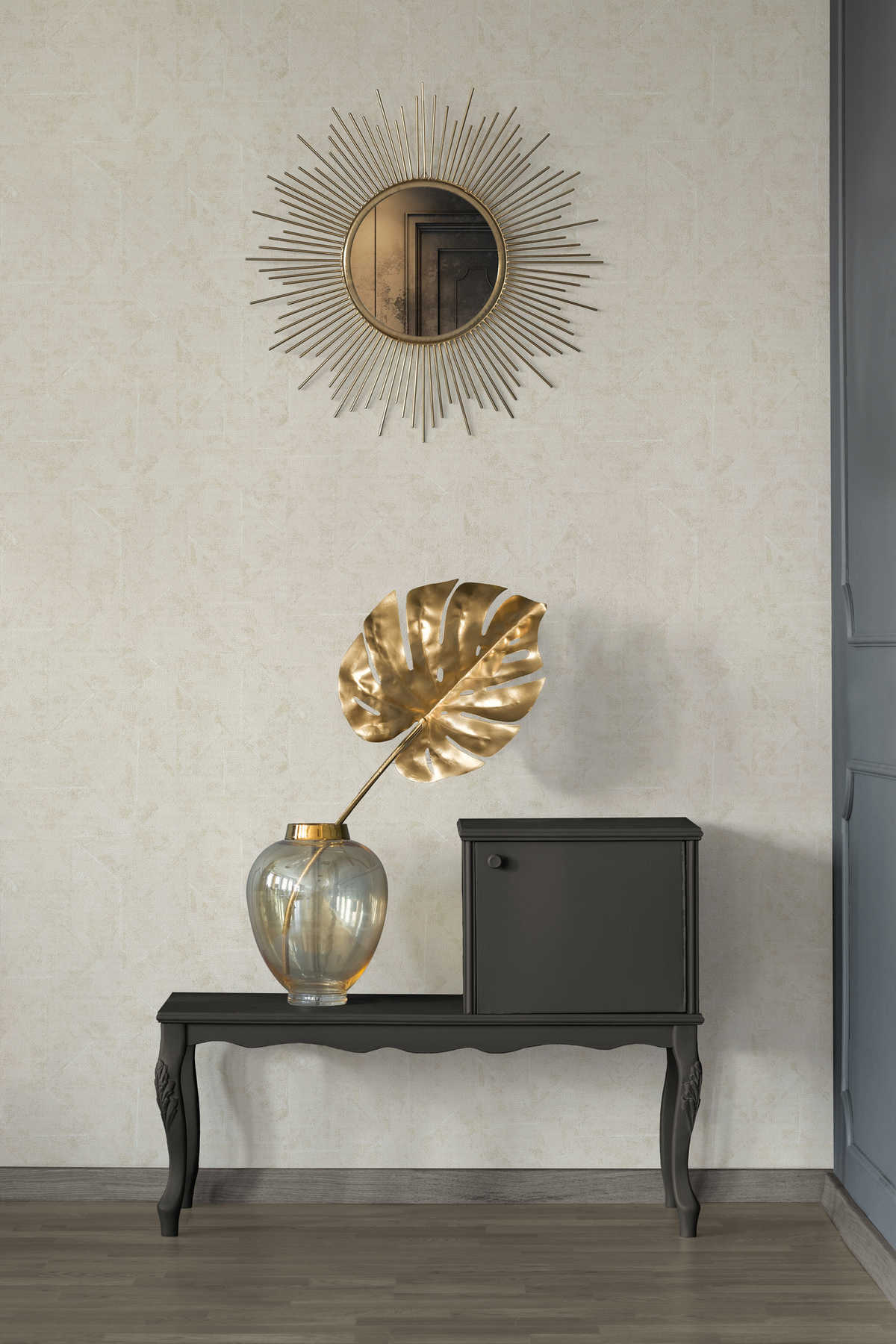             behang met asymmetrisch patroon, used look - crème, wit, goud
        