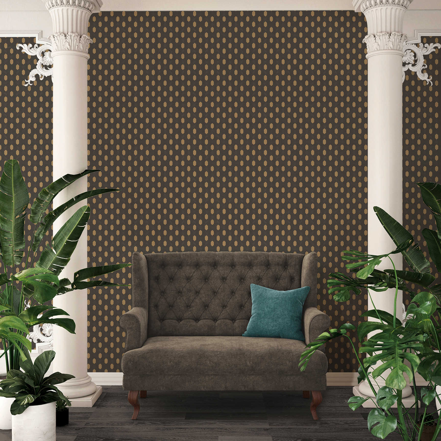             Elegant plain wallpaper with golden pattern - black, gold, brown
        