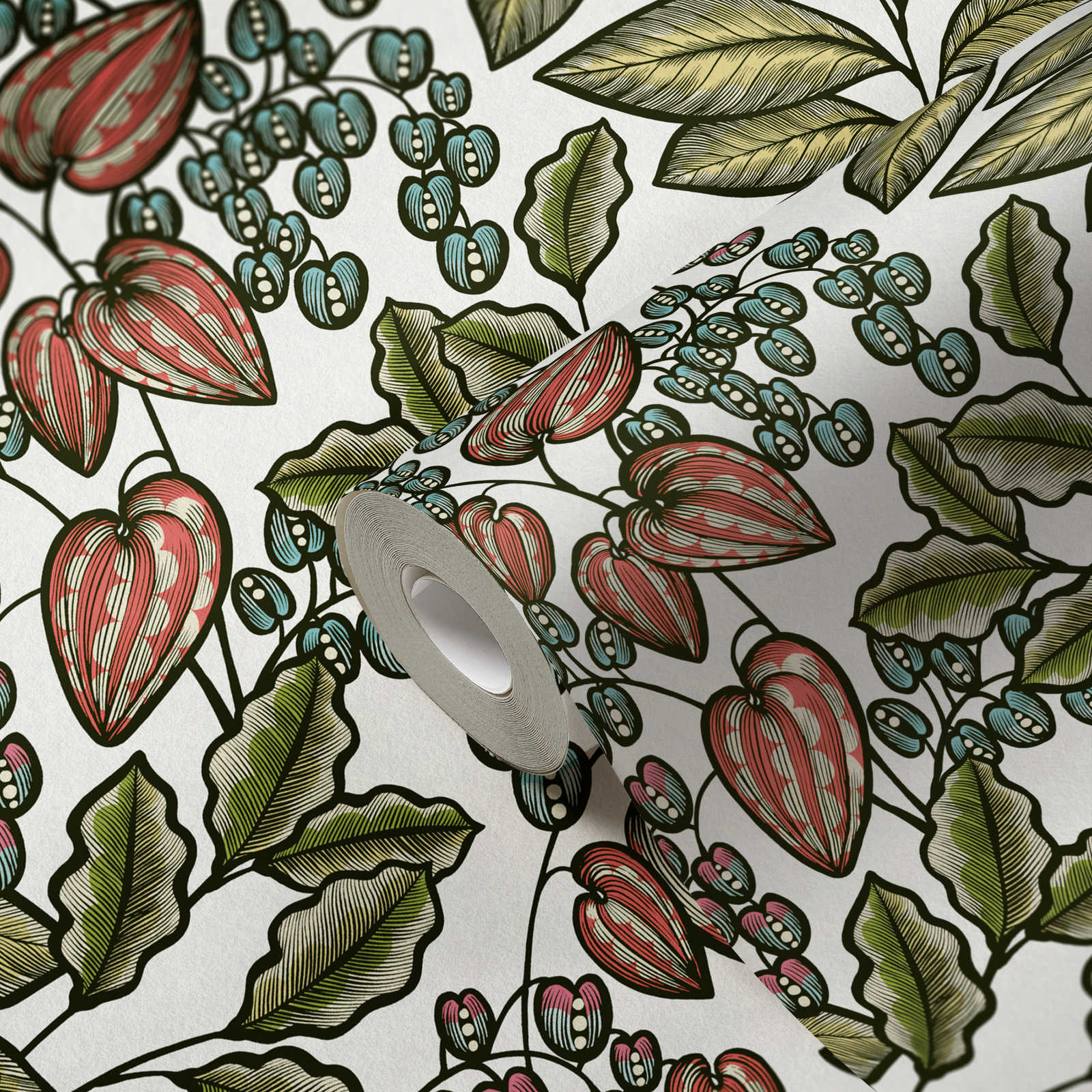             Floral wallpaper nature design Scandinavian print - colourful, green, white
        