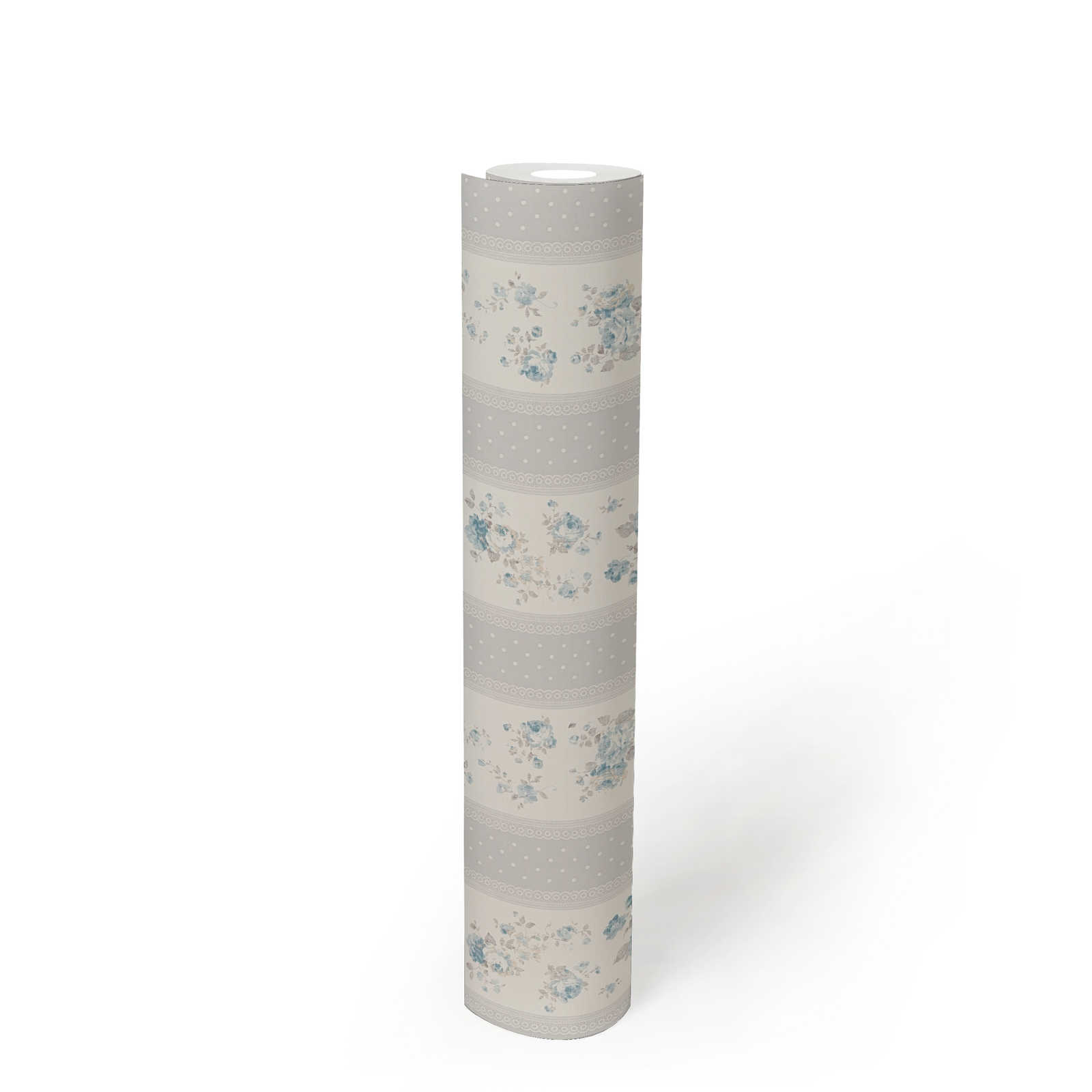             Non-woven wallpaper with dotted and floral stripes - grey, white, blue
        
