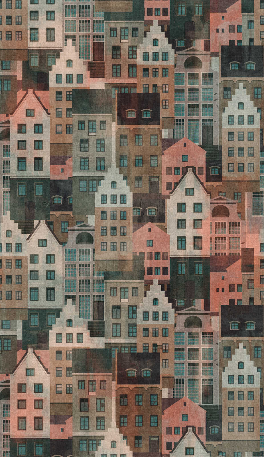             Wallpaper with striking houses pattern - colourful, blue, pink
        