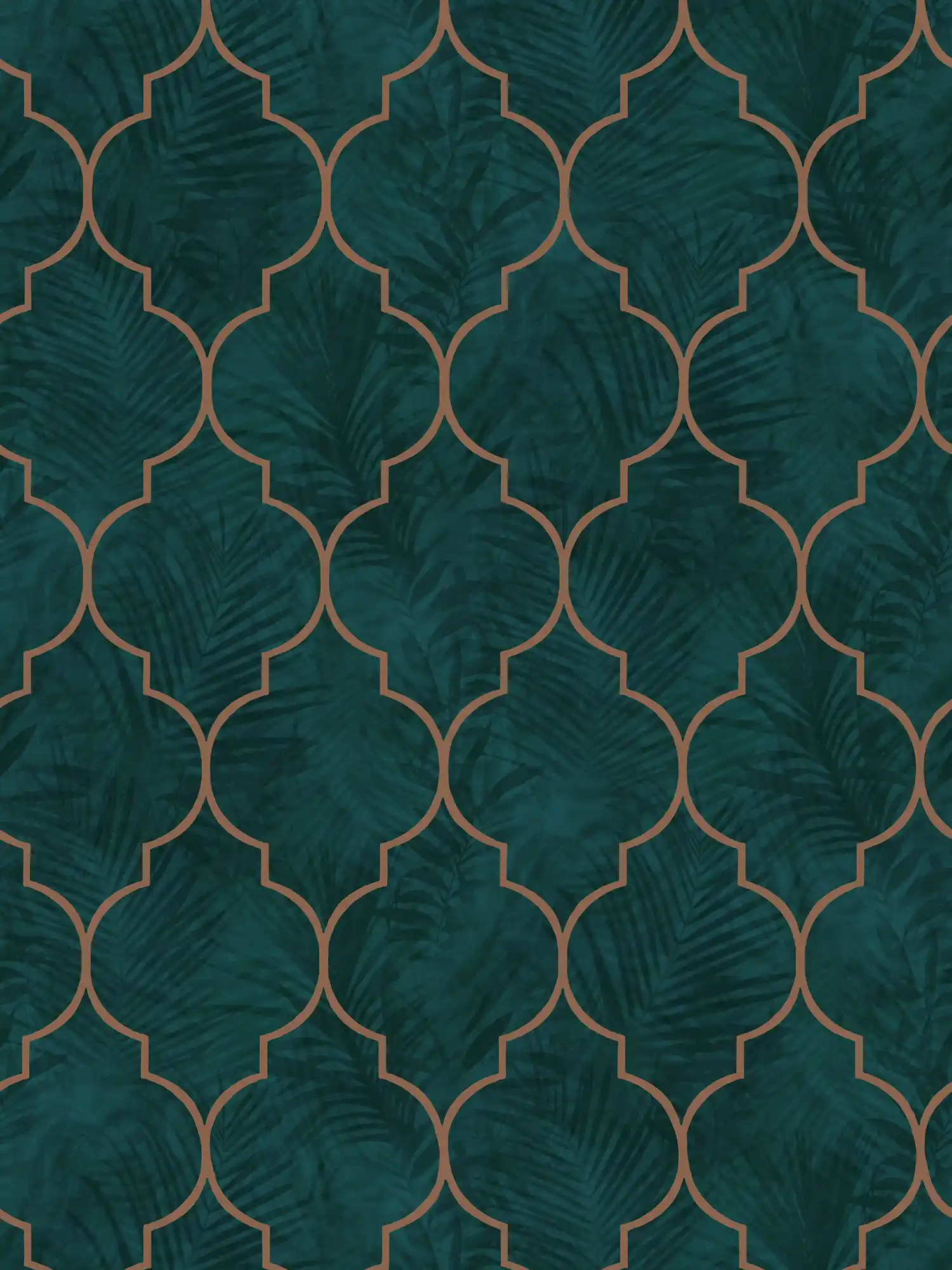 Carta da parati a piastrelle con motivi ornamentali e foglie - verde, turchese, marrone

