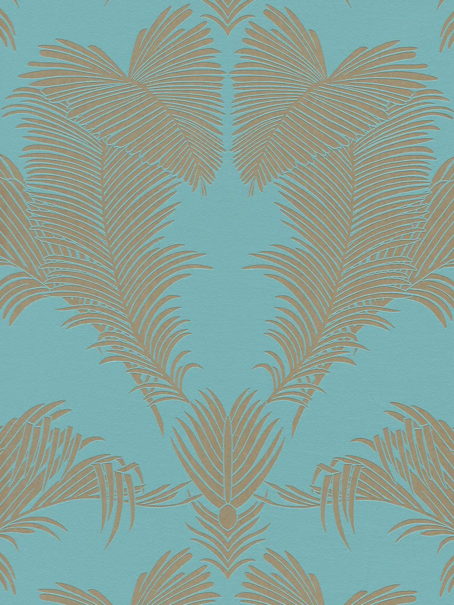Turquoise non-woven wallpaper with leaf motif in metallic gold
