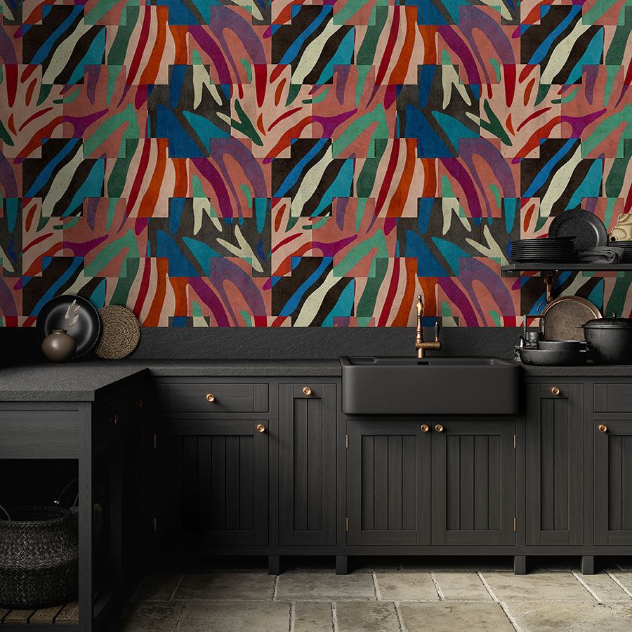 Photo wallpaper »ettore« - Colourful abstract design in front of concrete plaster structure - Matt, smooth non-woven fabric
