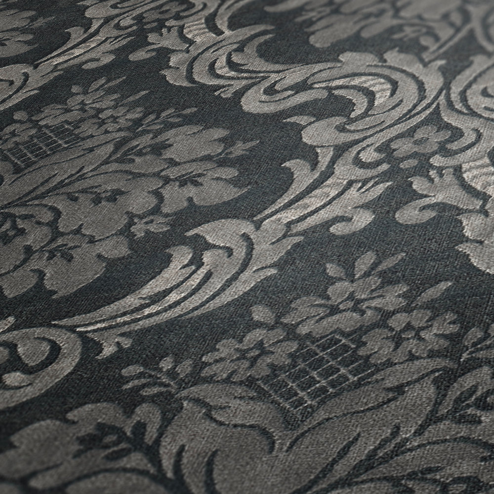             Papier peint ornemental avec motif floral en forme de panier - gris, noir
        