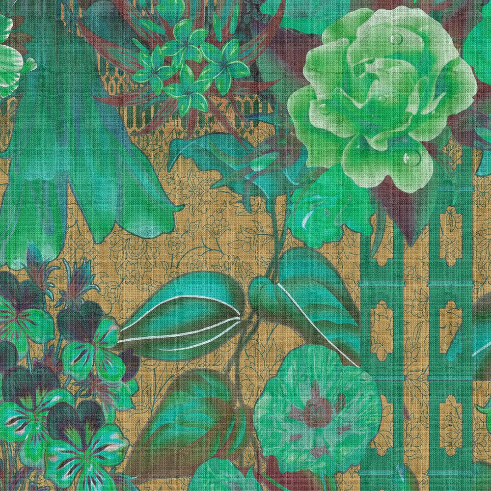            Photo wallpaper »sati 2« - Floral design & ornaments with linen structure look - Green | Smooth, slightly shiny premium non-woven fabric
        