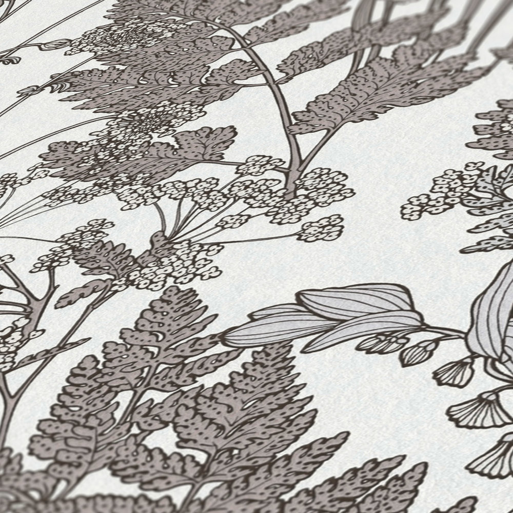             Papel pintado Naturaleza hojas y flores en estilo rústico moderno - gris, blanco
        