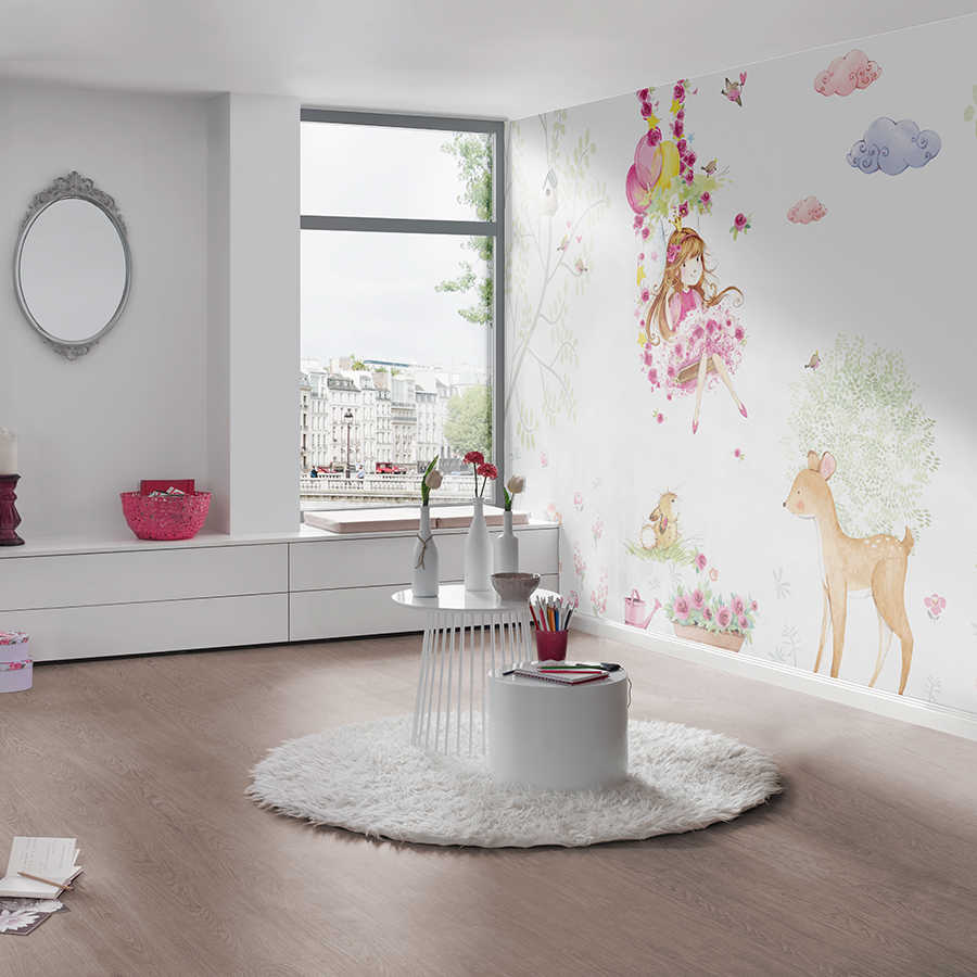 Papier peint panoramique enfant Princesse sur balançoire fleurie sur intissé lisse nacré
