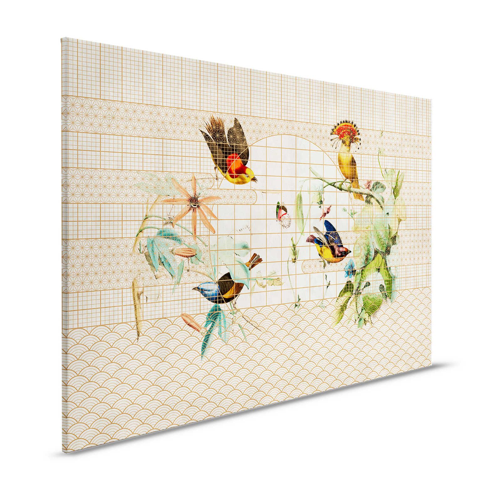 Pajarera 1 - Cuadro en lienzo Aves y mariposas en pajarera dorada - 1,20 m x 0,80 m
