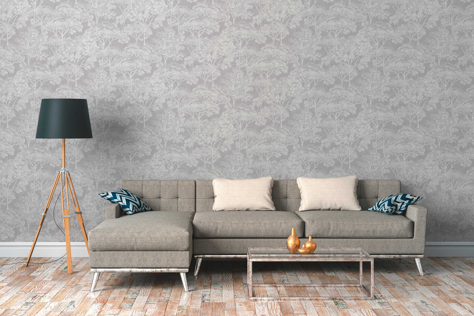             Vintage non-woven wallpaper tree motif with metallic effect - cream, grey, metallic
        
