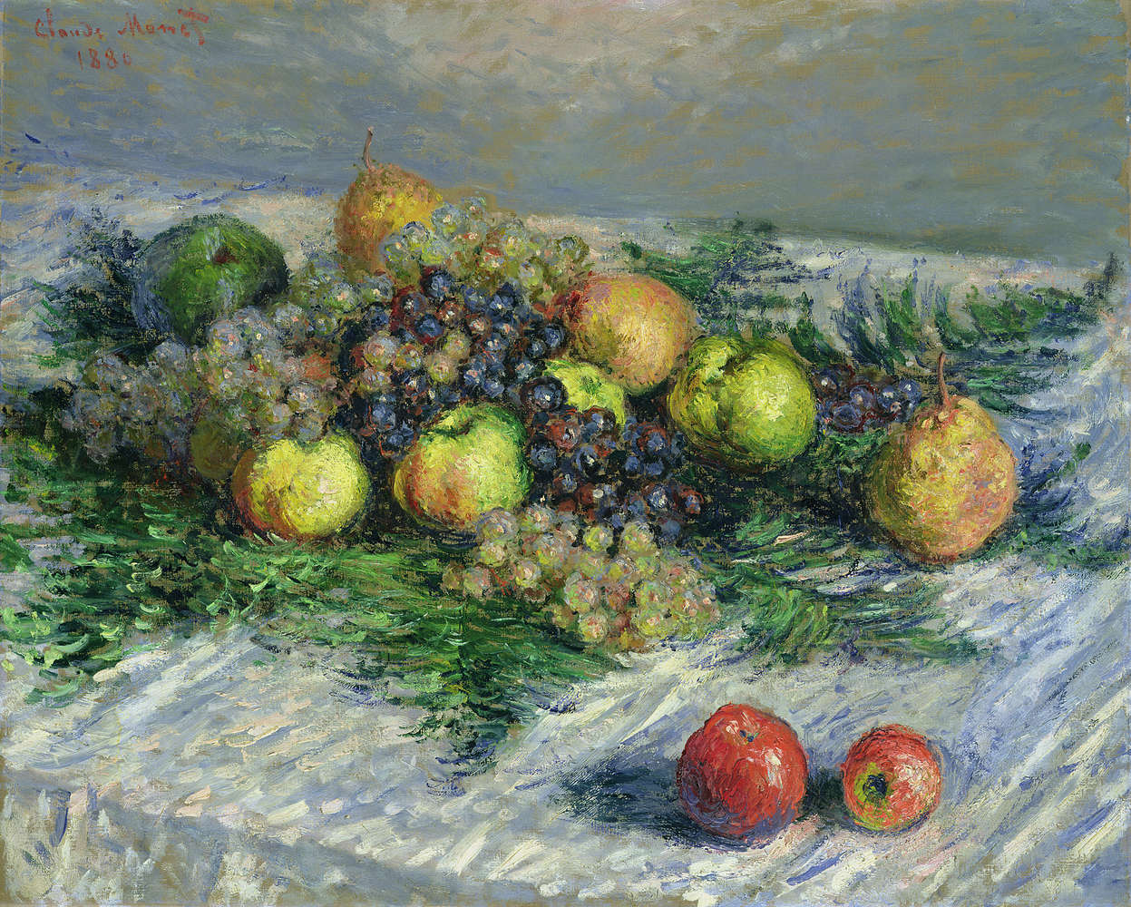             Stilleven met peren en druiven" muurschildering van Claude Monet
        